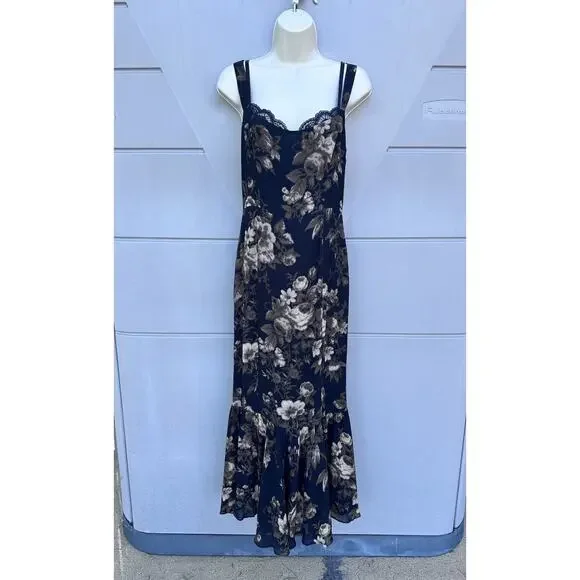 Reformation Irisa Black Floral Midi Dress Size 8 Ruffle Hem Lace Trim Grand Dame - Picture 5 of 16